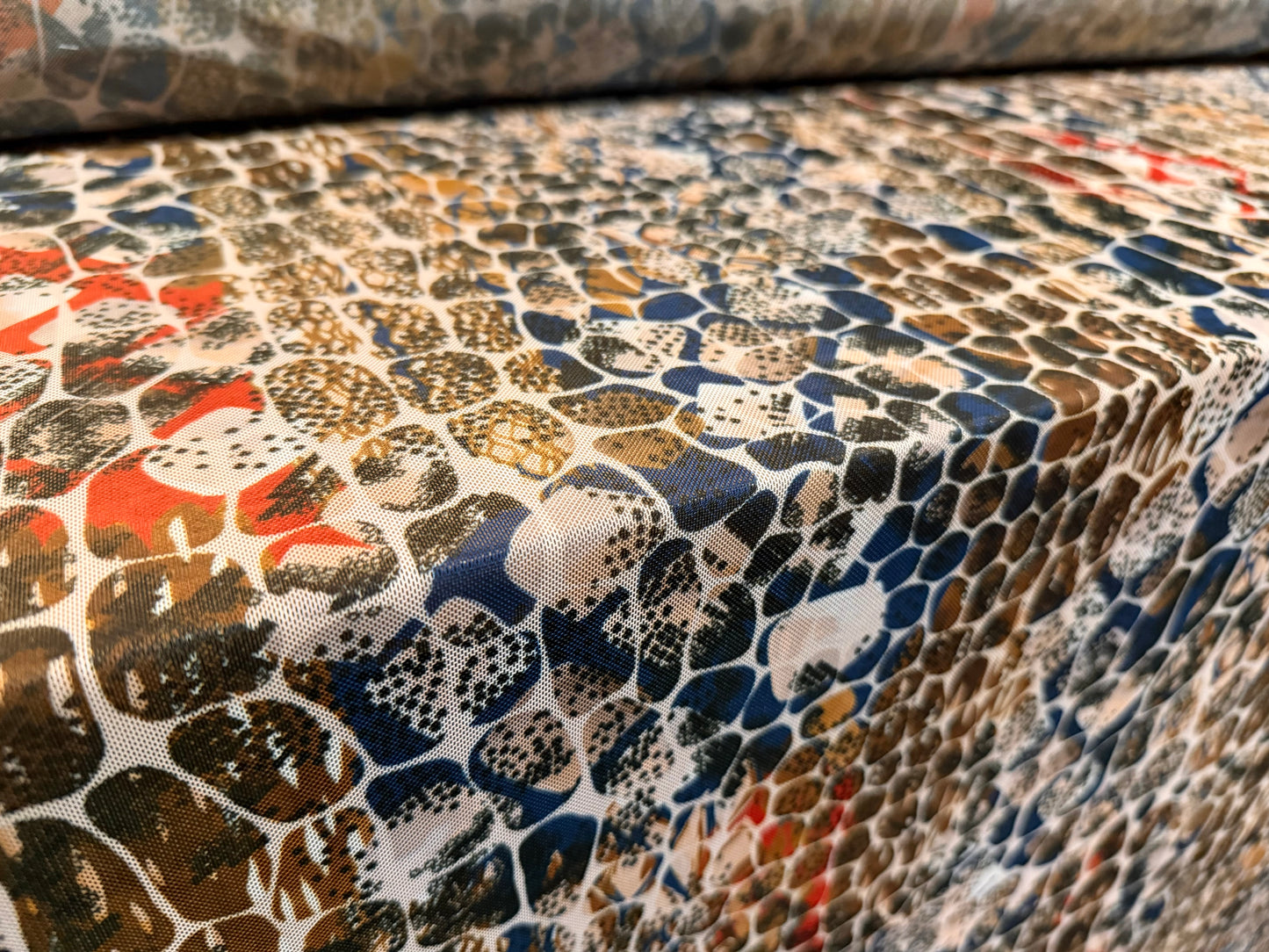 Power mesh net stretch spandex fabric, per metre - stylised crocodile print - cream olive & blue