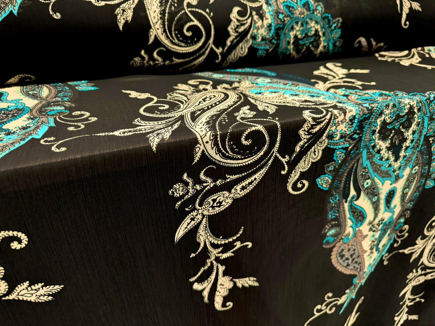 Chiffon yoryu dress blouse fabric, per metre - paisley print - black turquoise & cream