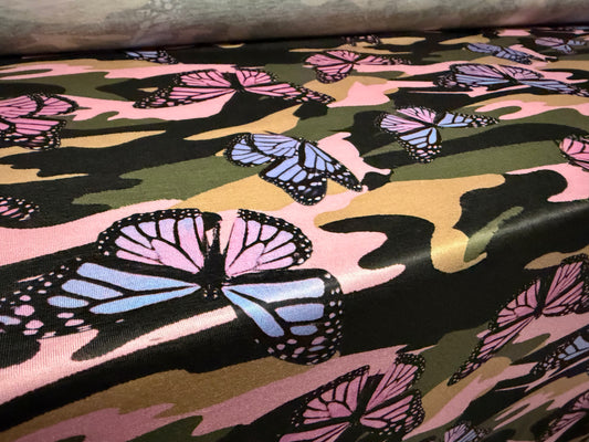 Soft handle stretch jersey fabric, per metre - butterfly camouflage print