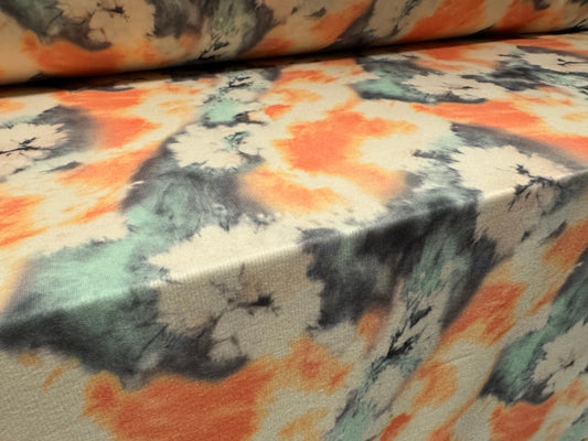 French Terry loopback sweatshirt jersey fabric, per metre - watercolour floral print - peach & aqua