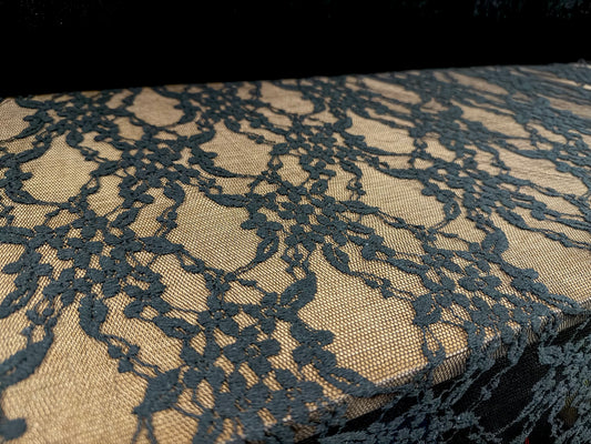 Floral lace fabric with decorative borders, per metre - black