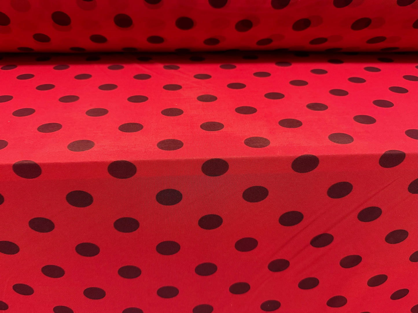 Power mesh net stretch spandex fabric, per metre - ladybird polka dot print - red & black