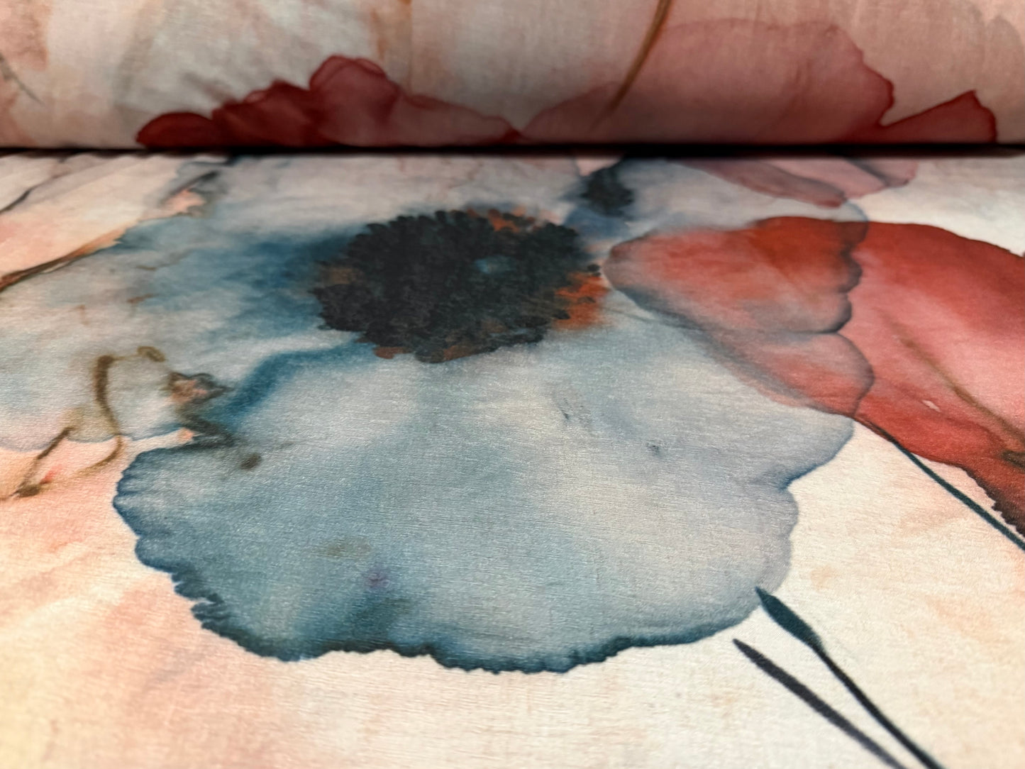 Chiffon jersey fashion fabric, per metre - ink wash poppy print - pink & petrol blue