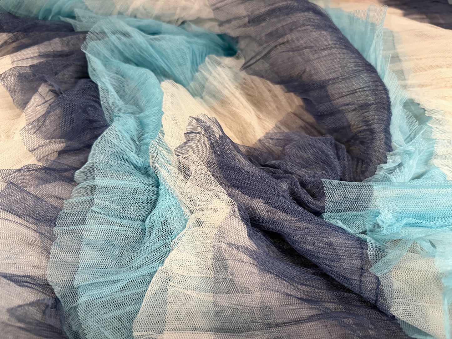 Layered tulle mesh net fabric, per metre - stripe - navy, sky blue & white