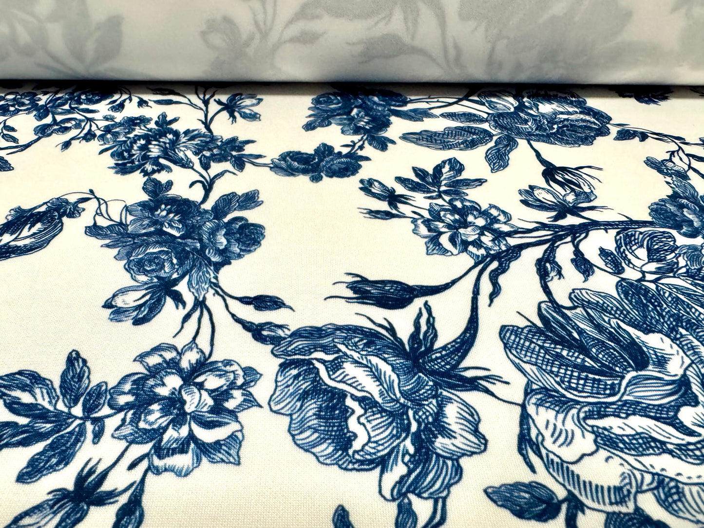 Scuba stretch spandex double jersey dress fabric, per metre - Toile De Jouy print - blue & white