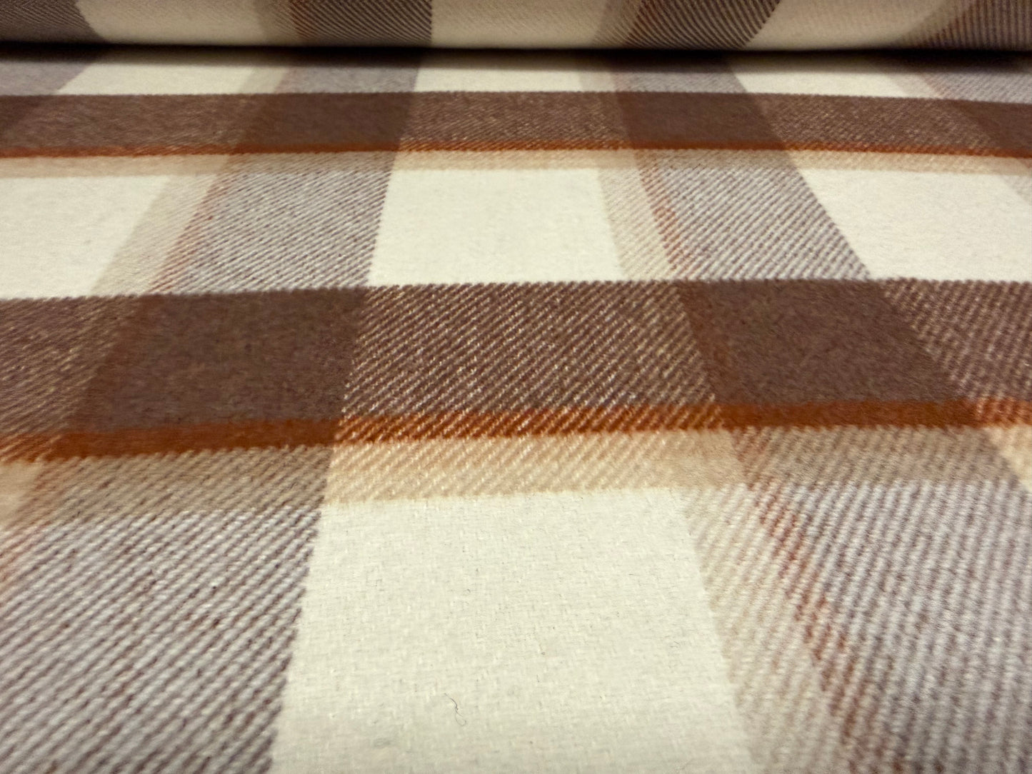 Heavyweight wool flannel coat jacket fabric, per metre - plaid check - brown & cream