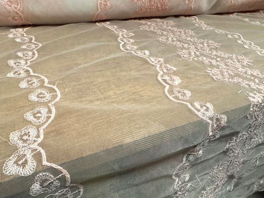 Embroidered tulle mesh net fabric, per metre - floral stripe - blush
