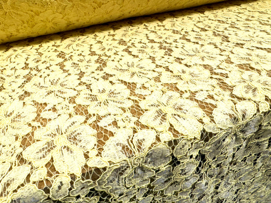 Heavy corded Alencon lace dress fabric with scalloped selvedge, per metre - floral - lemon