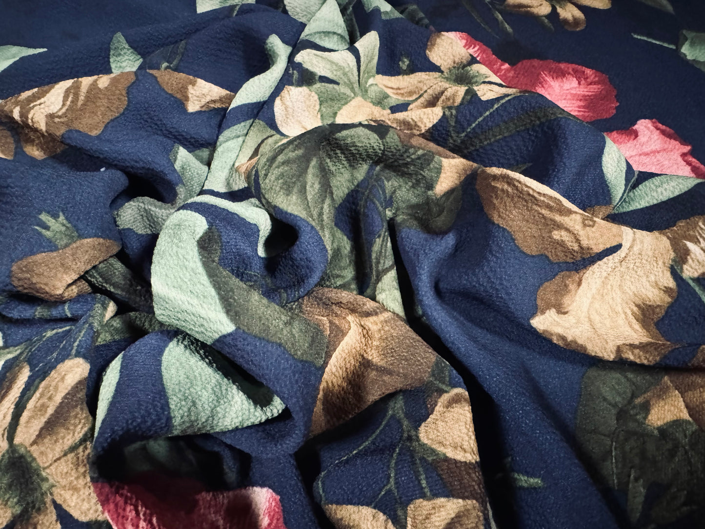 Bubble crepe stretch woven dress fabric, per metre - lily flower print - navy blue pink & beige