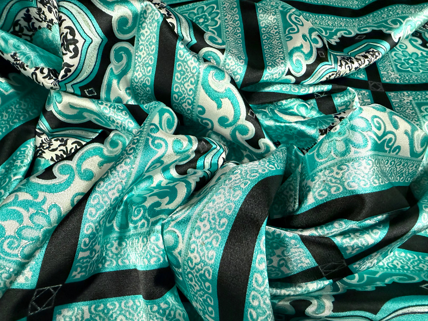 Stretch charmeuse satin fabric, per metre - geometric tile print - turquoise & silver metallic