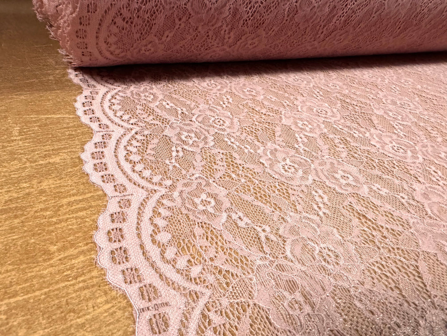 Stretch lace dress fabric, per metre - scalloped selvedge - floral - dusty rose pink