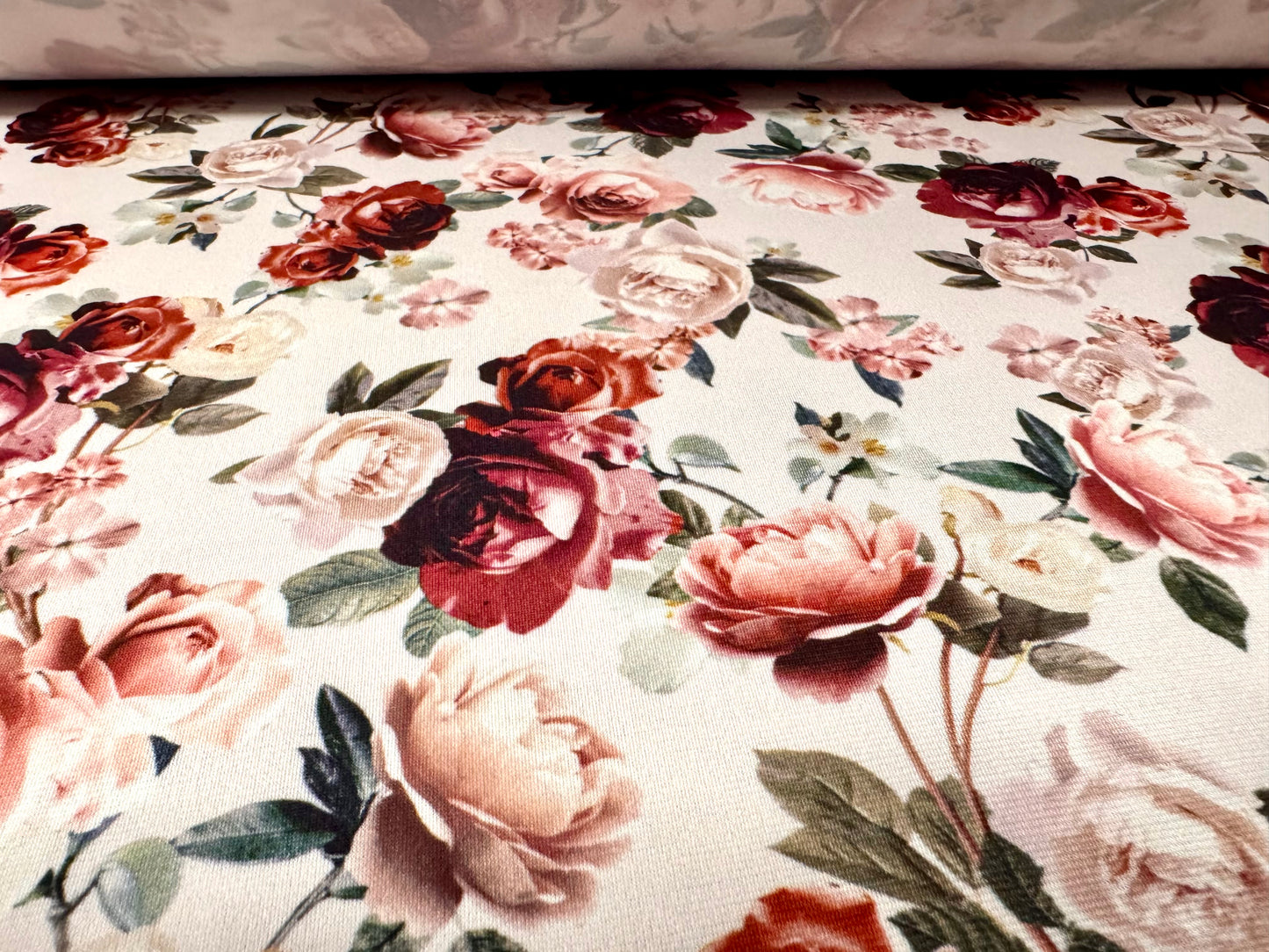ITY stretch spandex single jersey fabric, per metre - floral roses print - blush & chestnut