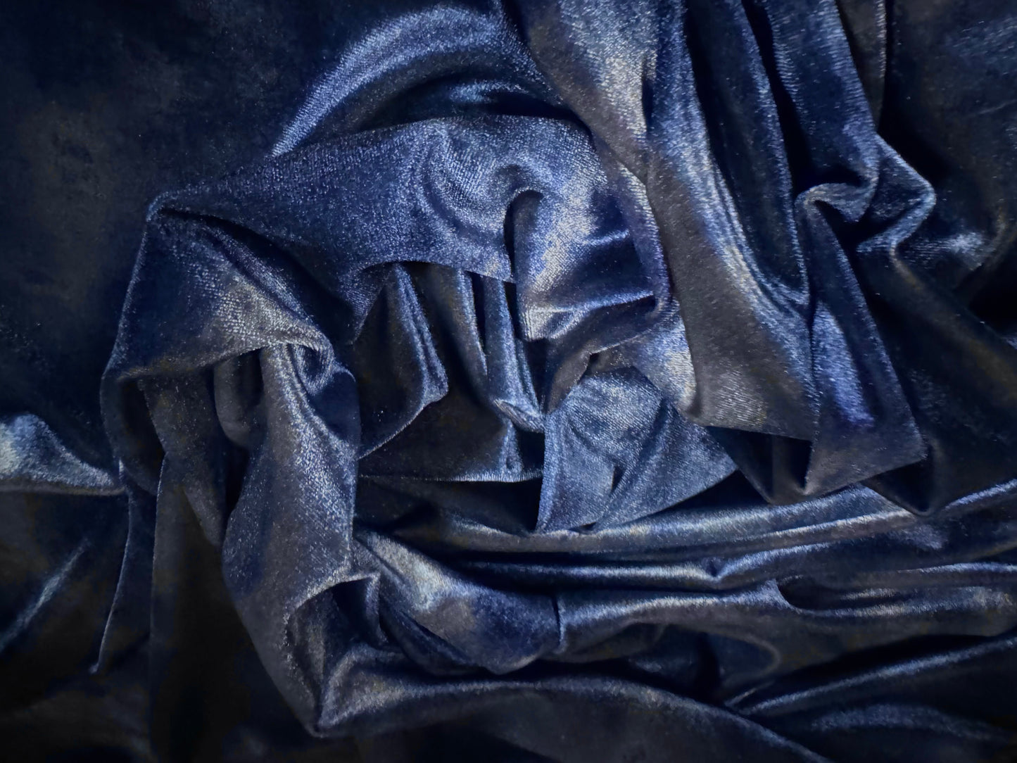 Spandex velvet stretch dress fabric, per mere - stormy seas print - dark blue