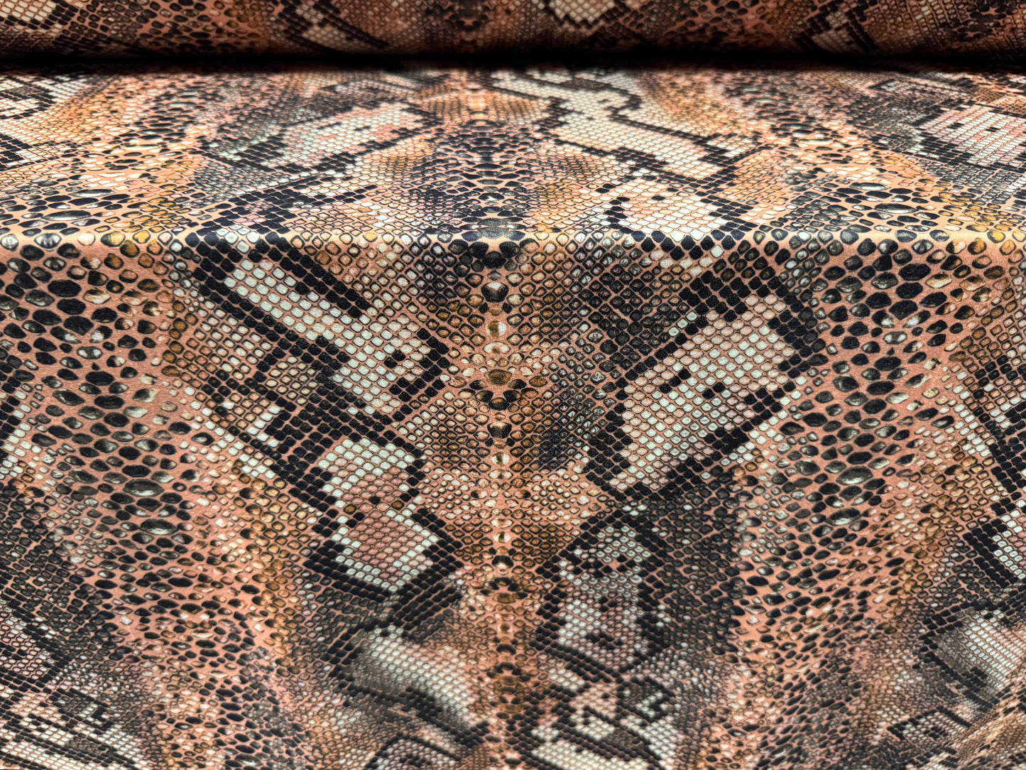 Stretch spandex interlock jersey fabric, per metre - snakeskin animal print - nude & gold