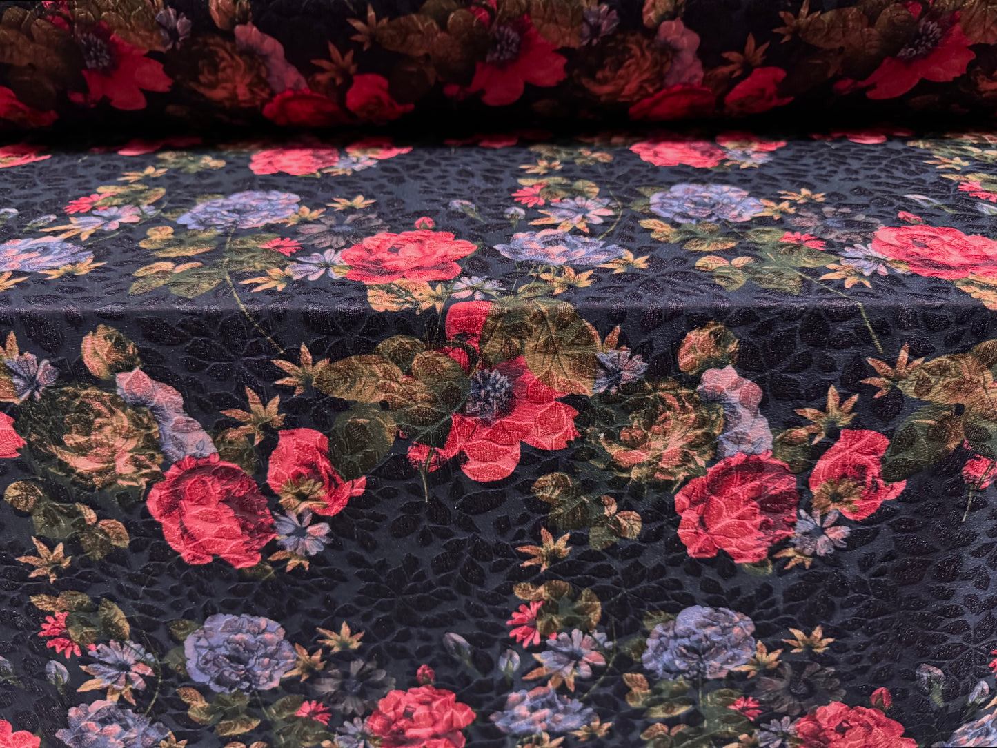Stretch spandex jersey jacquard fabric, per metre - floral print - dark purple