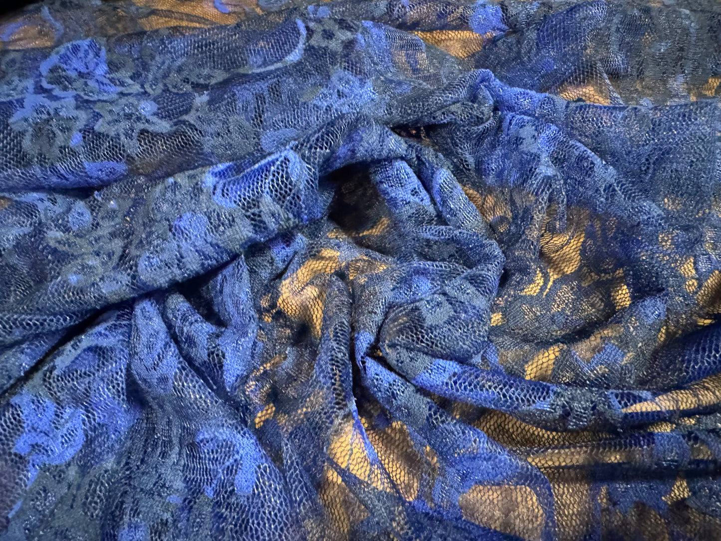 Stretch spandex mesh lace fabric, per metre - floral smudge print - navy & royal blue