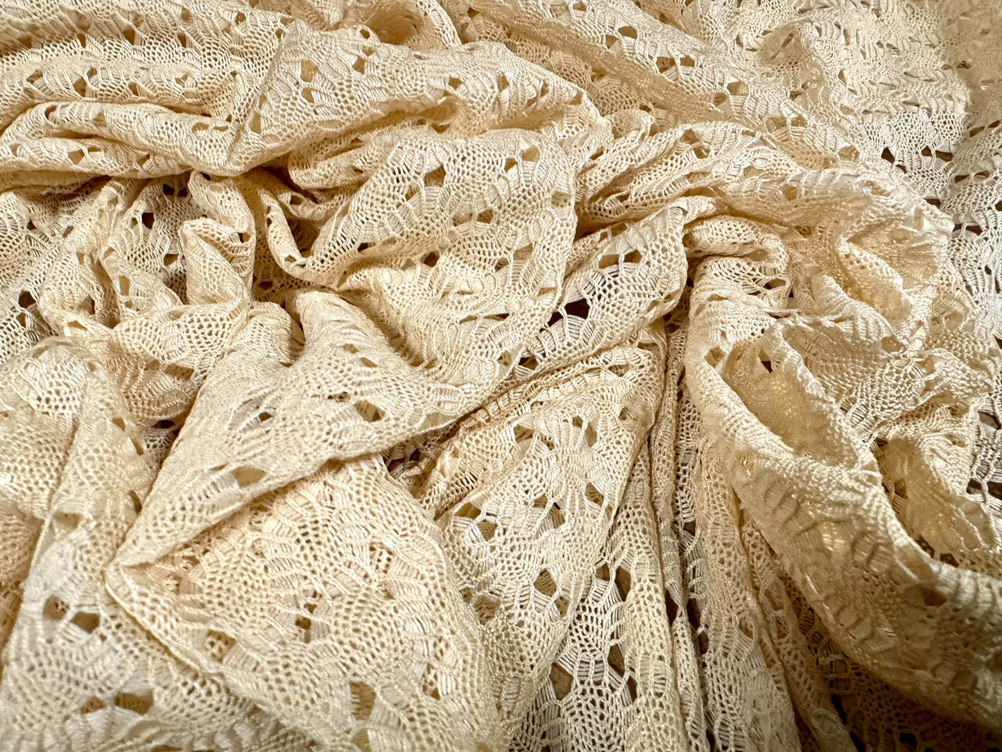 Crochet knit lace dress fabric, per metre - scalloped selvedge - cream