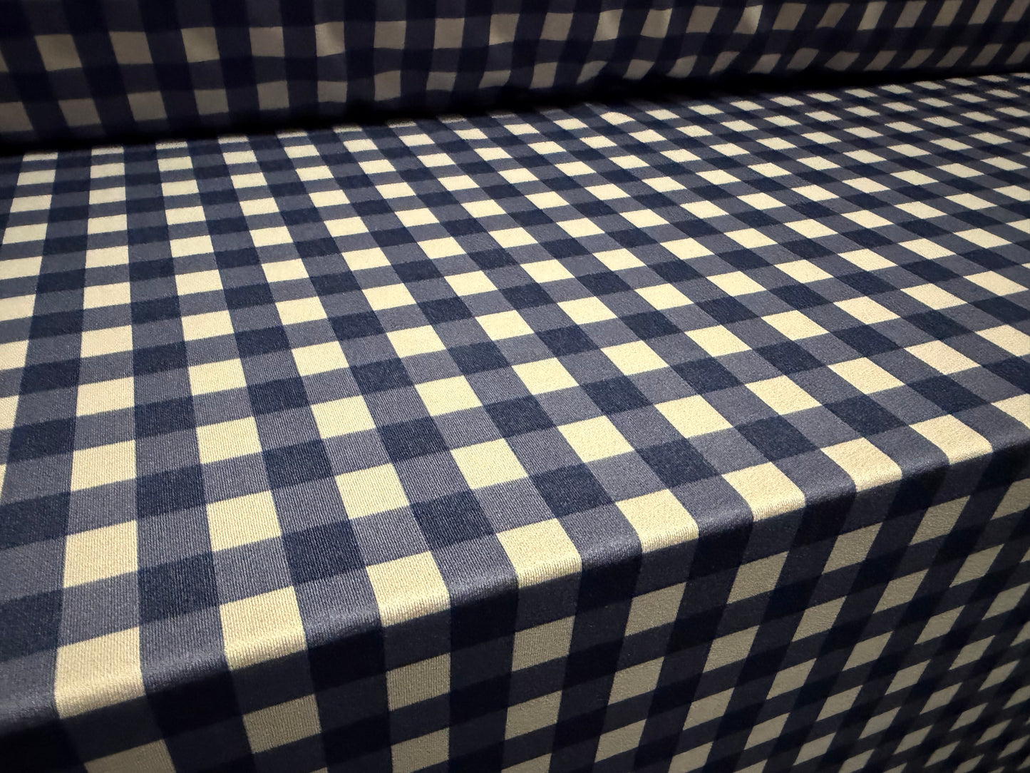 Stretch spandex crepe jersey fabric, per metre - gingham print - blue & grey