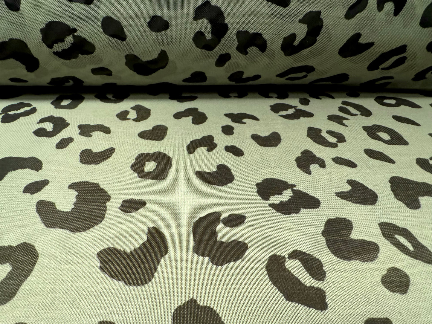 Power mesh net stretch spandex fabric, per metre - cheetah animal print - sage green