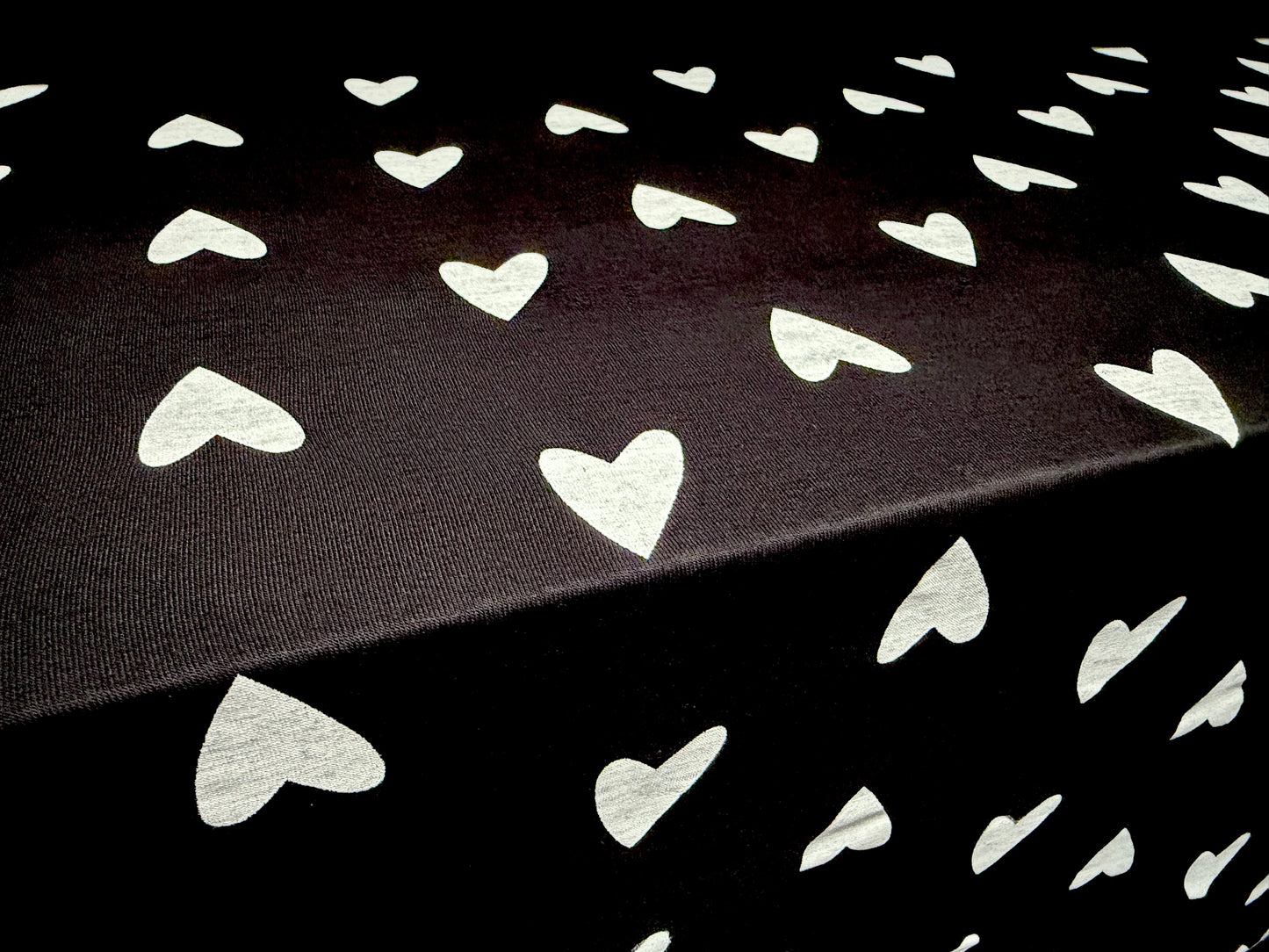 Viscose spandex stretch single jersey fabric, per metre - love heart print - black & white