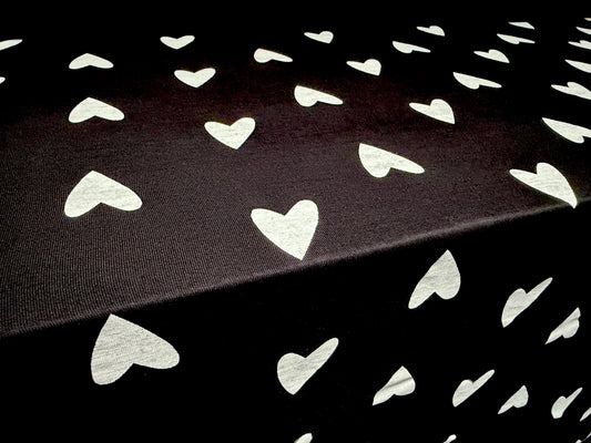 Viscose spandex stretch single jersey fabric, per metre - love heart print - black & white