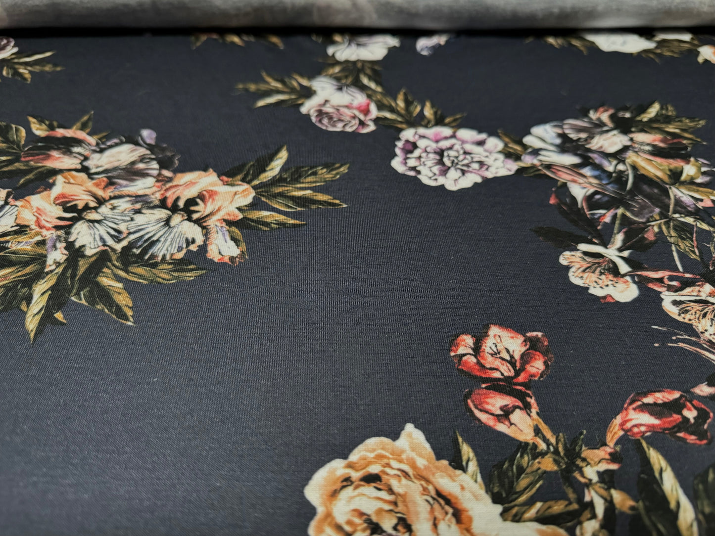 Soft handle single jersey fabric, per metre - floral print - grey with multicolour roses