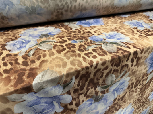 Power mesh net stretch spandex fabric, per metre - roses on leopard skin print - blue beige & brown