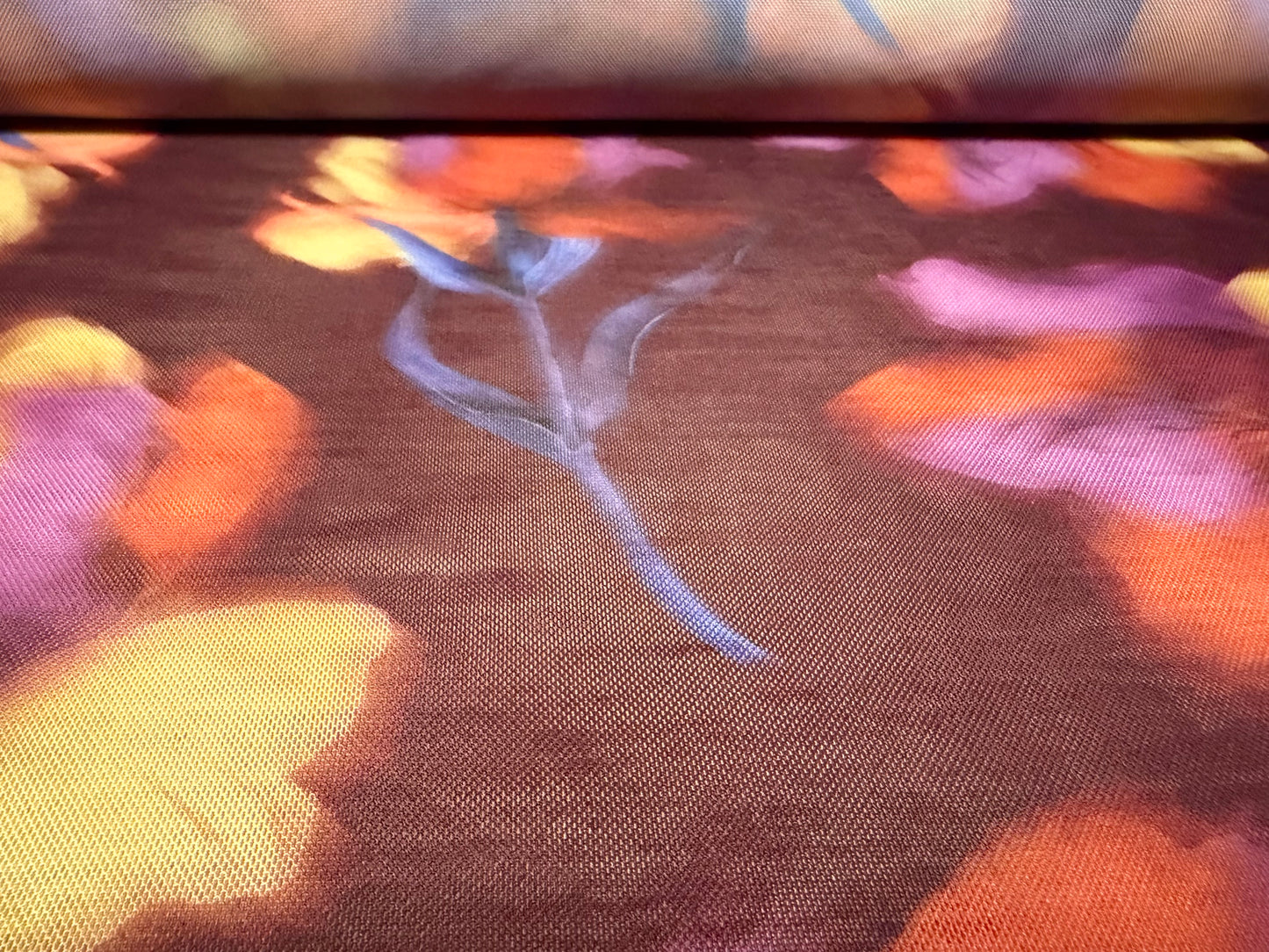 Power mesh net stretch spandex fabric, per metre - floral smudge print - plum