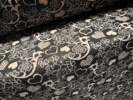 Thick & thin single jersey fashion fabric, per metre - love hearts and flowers print - light pink & black