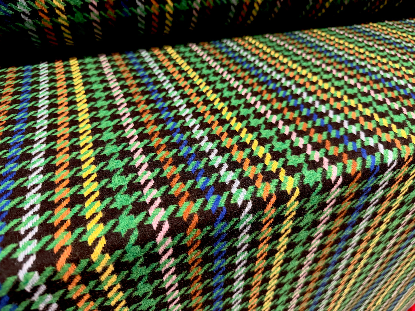 Wool tweed fabric, per metre - houndstooth - black & emerald green