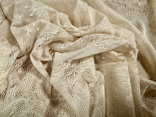 Fine lace fabric with spandex, per metre - paisley design - cream