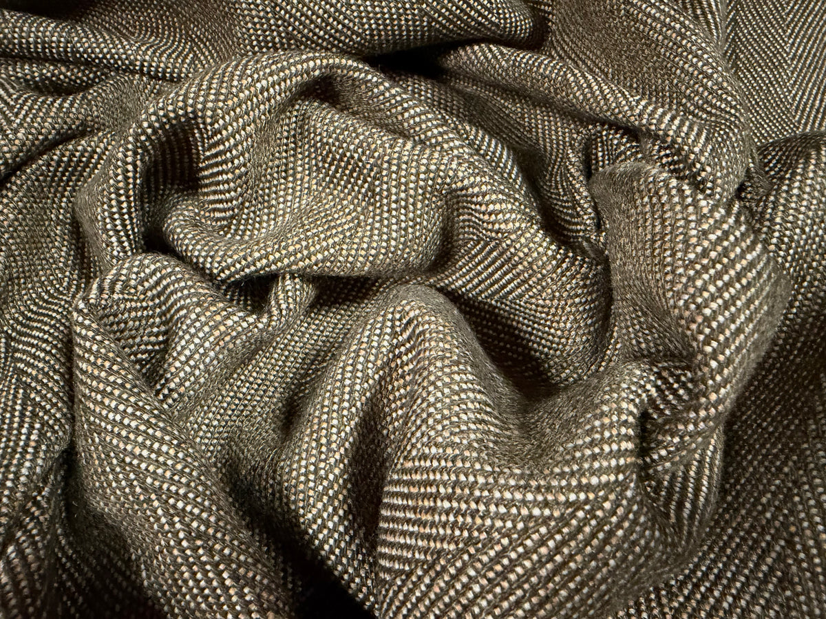 Heavyweight wool tweed fabric, per metre - herringbone pinstripe - olive brown