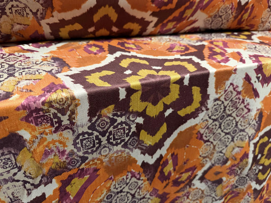 Stretch spandex crepe jersey fabric, per metre - floral collage print - orange brown & chartreuse