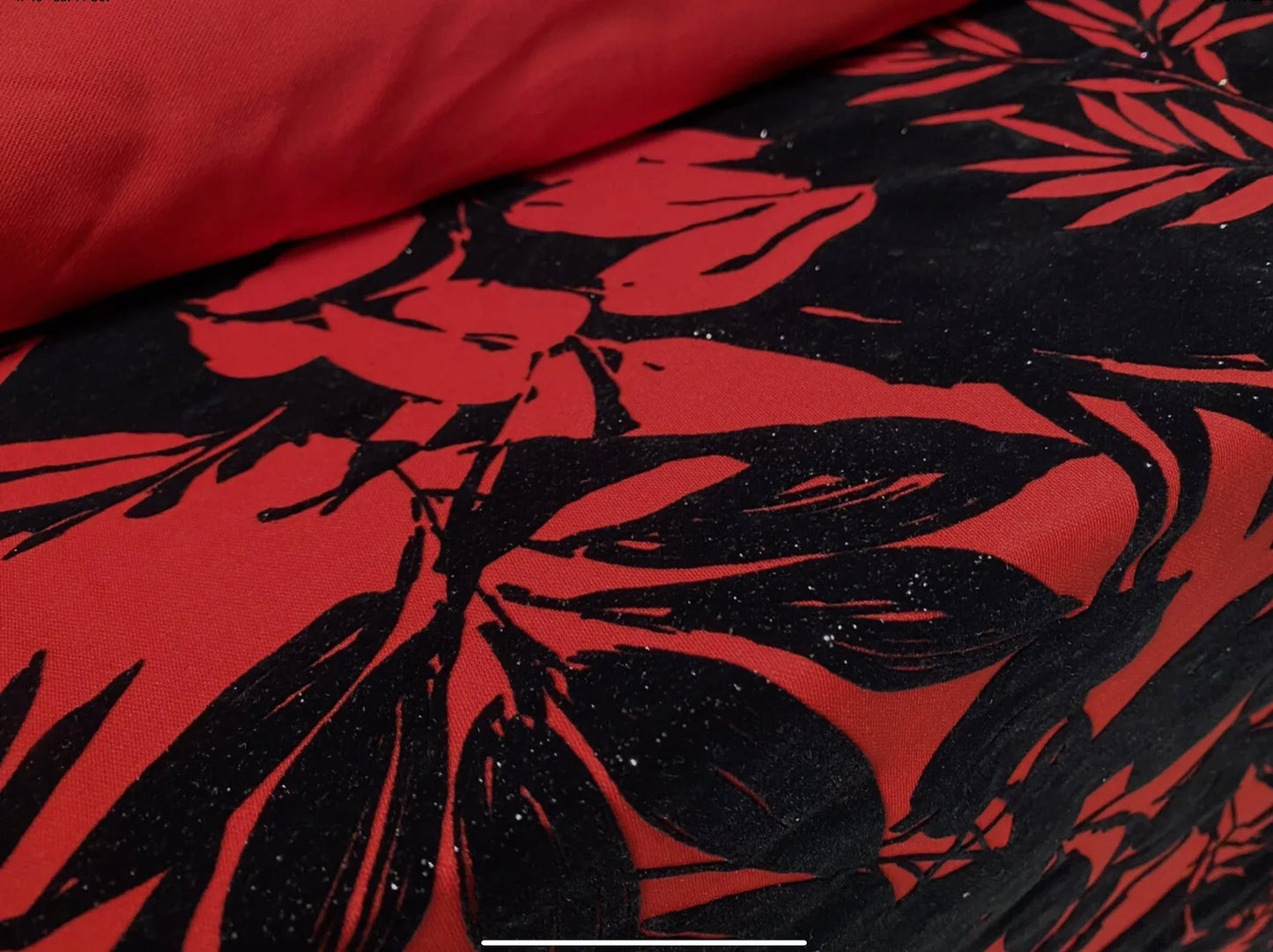 Stretch spandex double jersey fabric, per metre - jungle leaf print with glitter sparkle - red & black