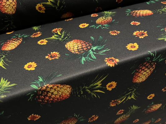 Scuba stretch spandex double jersey dress fabric, per metre - pineapple print - black & amber