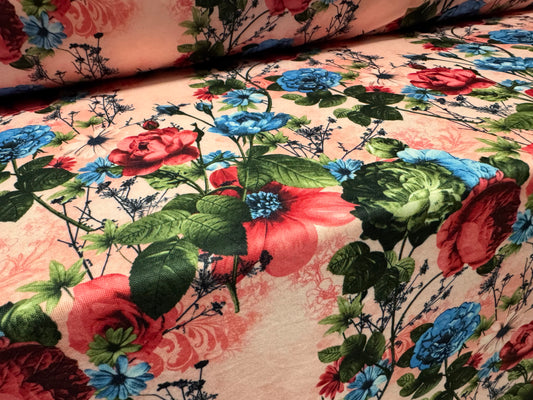 Piqué double jersey fabric, per metre - wild rose print - pink & blue