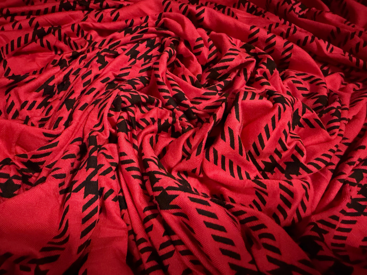 Viscose spandex stretch single jersey fabric, per metre - tartan matrix print - red & black