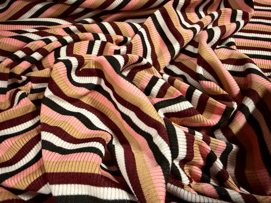 Stretch Spandex rib jersey fabric, per metre - stripe - burgundy pink & tan