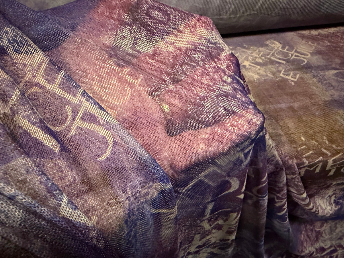 Power mesh stretch spandex fabric, per metre - graffiti street art print - violet & blue