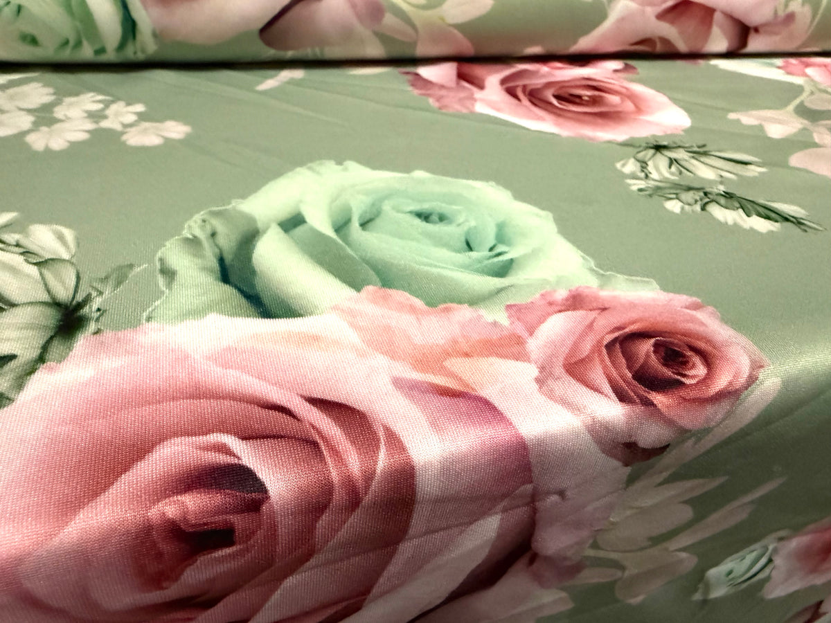 Scuba stretch spandex double jersey fabric, per metre - rose print - mint green & pink
