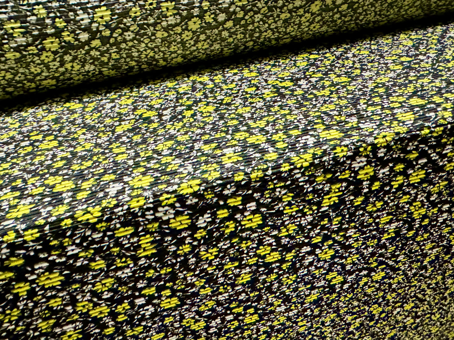 Stretch plissé pleated dress fabric, per metre - ditsy flower print - black & yellow