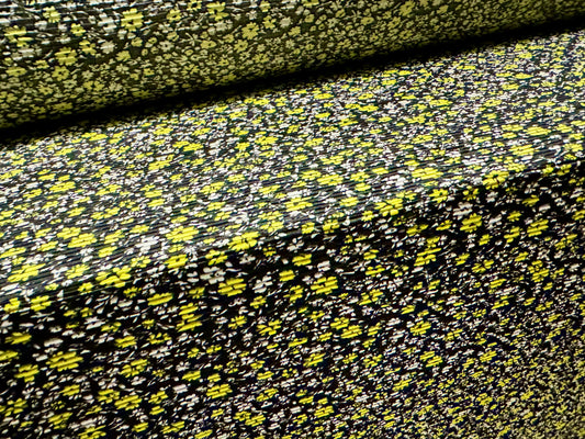 Stretch plissé pleated dress fabric, per metre - ditsy flower print - black & yellow