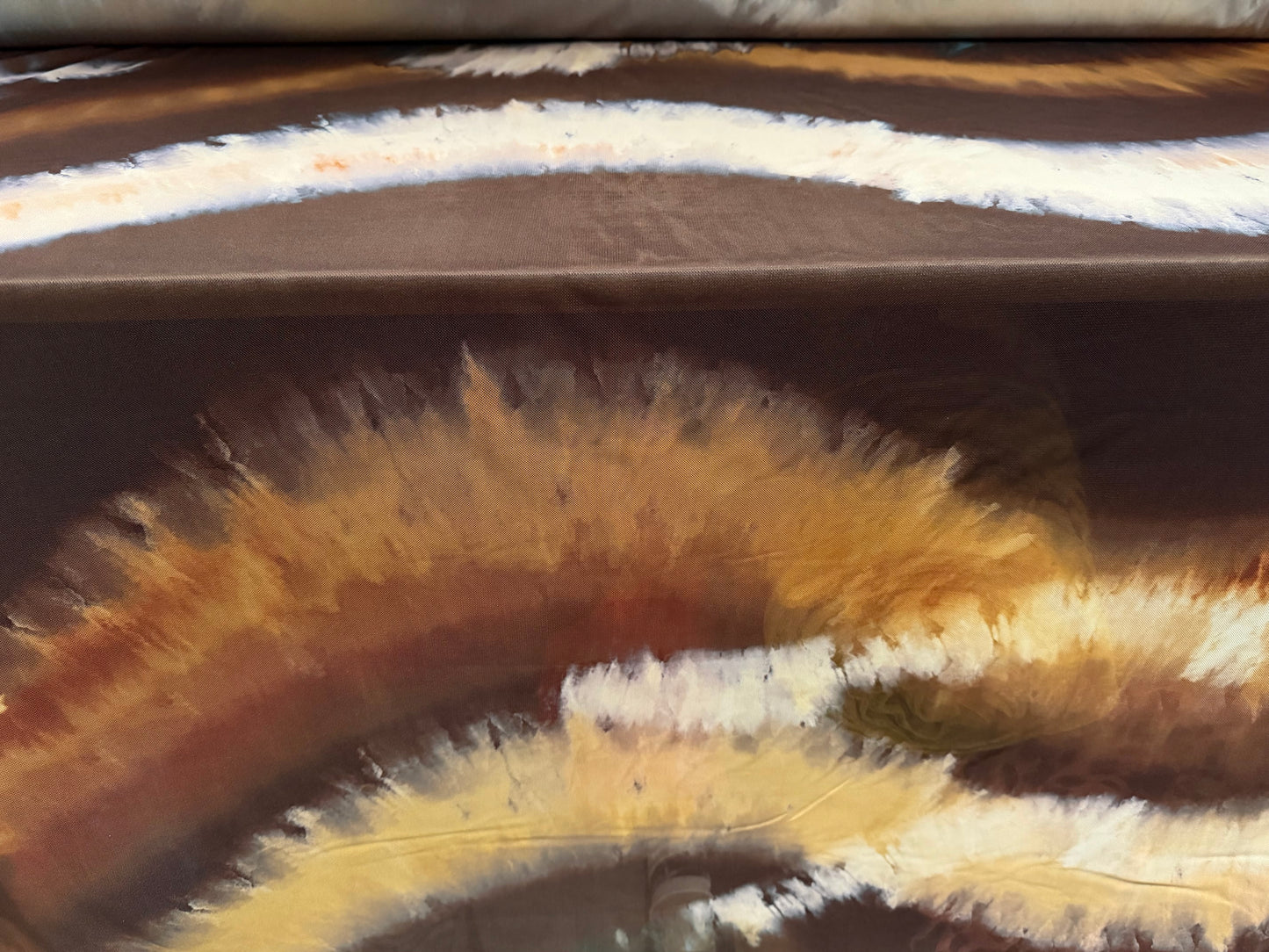 Power mesh net stretch spandex fabric, per metre - tie dye wave print - brown & mustard