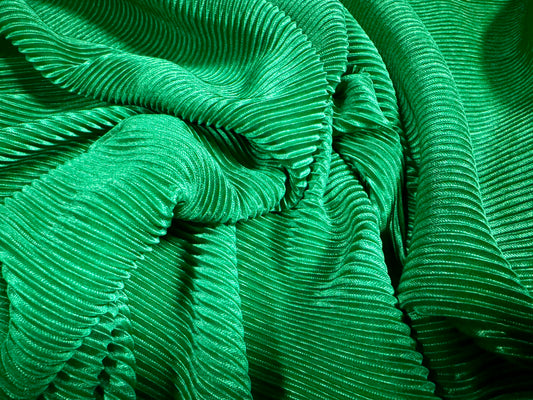 Fine Plissé pleated stretch satin dress fabric, per metre - plain - emerald green