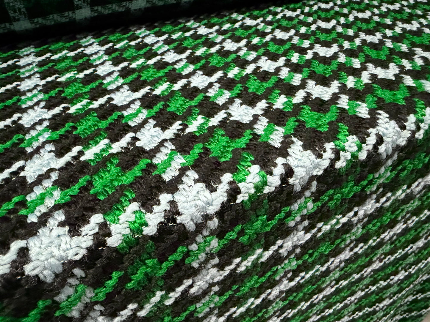 Heavyweight wool bouclé fabric, per metre - houndstooth check - emerald green sky blue & black