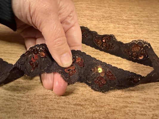 Scalloped lace edging trim fabric with sequins - stretch - brown