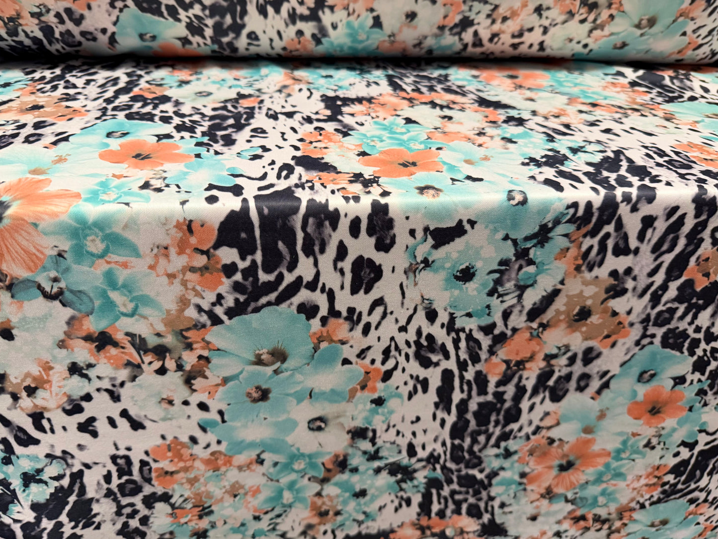 Scuba stretch spandex double jersey fabric, per metre - African Queen print - aqua & peach