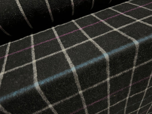 Wool mouflon coat jacket fabric, per metre - matrix check - black magenta & blue