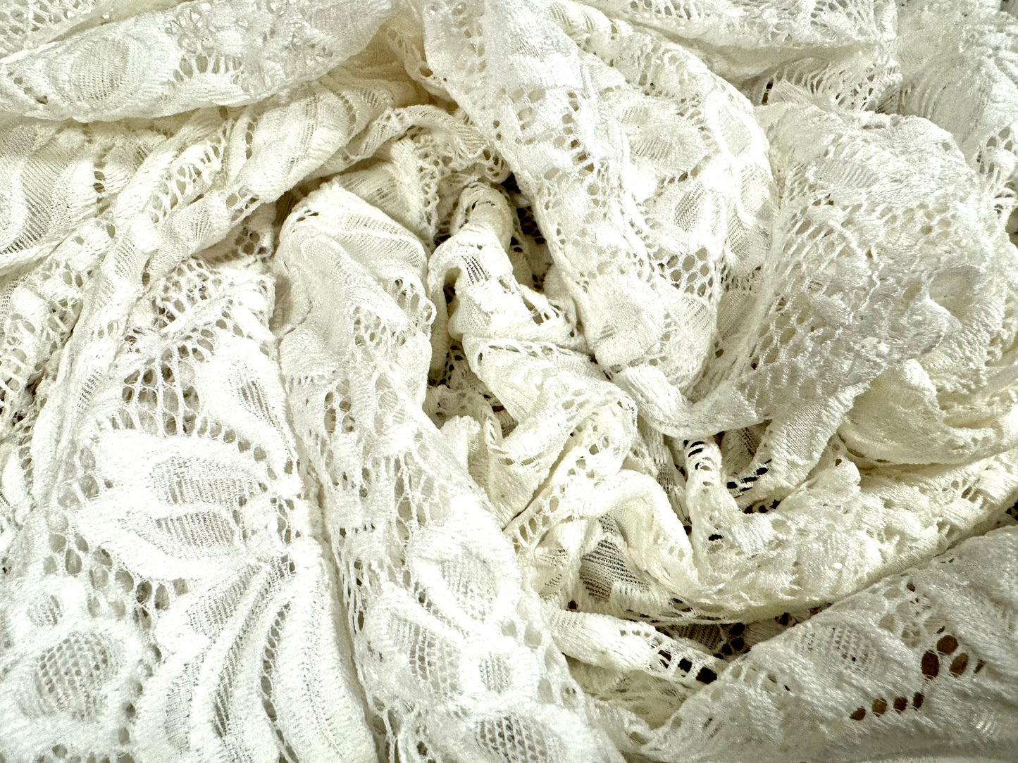 Soft stretch lace dress fabric, per metre - scalloped selvedge - floral - cream