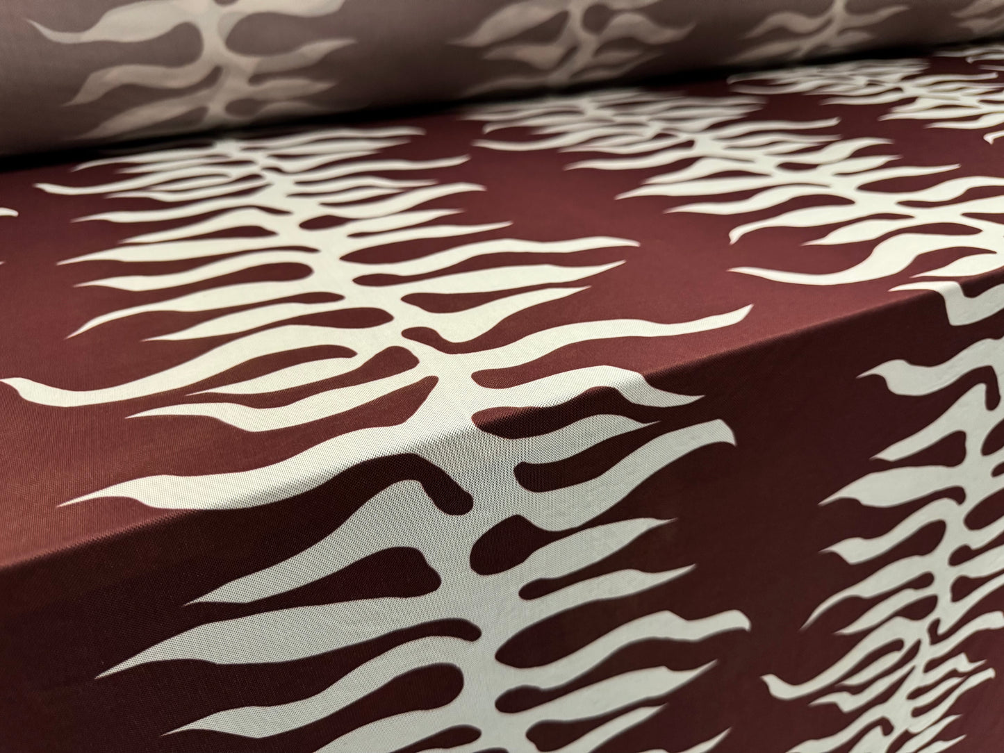 Power mesh net stretch spandex fabric, per metre - flame tattoo print - mulberry
